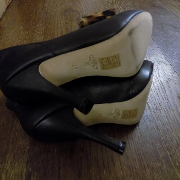 Vivienne Westwood Anglomania Black Leather Fur Bow Platform Heels Booties 37 6.5 - Picture 12 of 14
